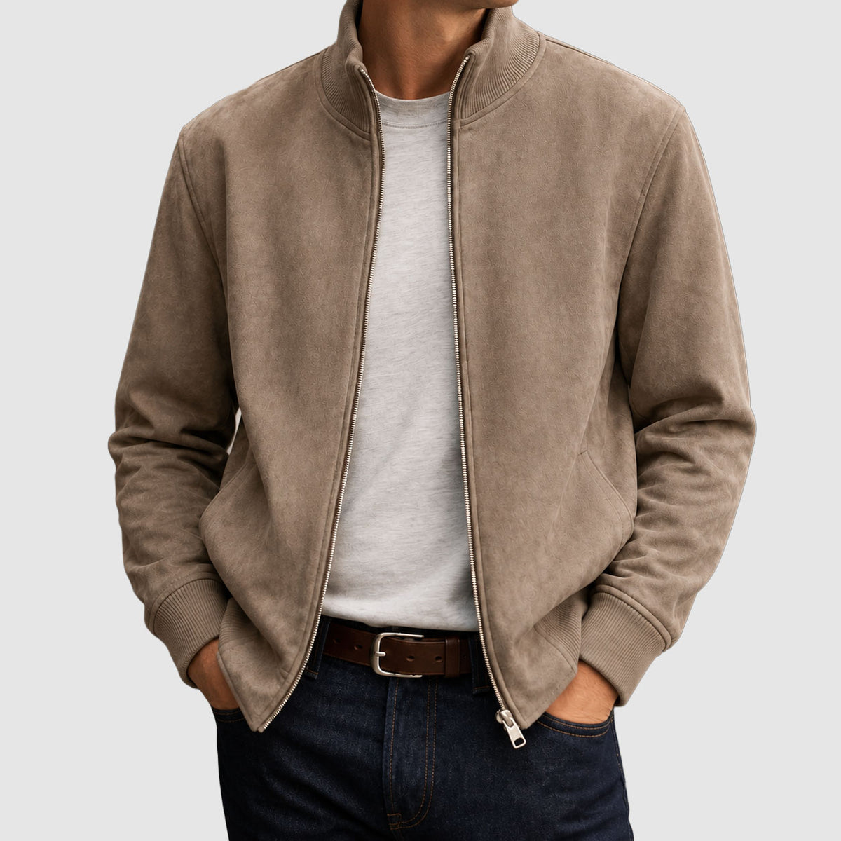 Lincoln - Men's Suede Zip Jacket with Ribbed Collar