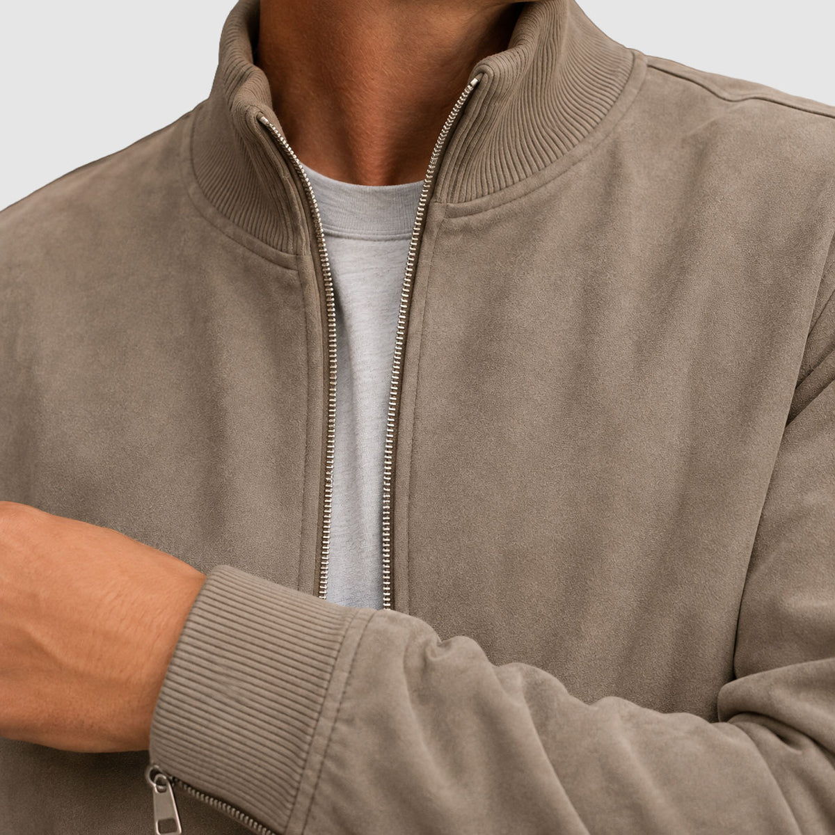 Lincoln - Men's Suede Zip Jacket with Ribbed Collar