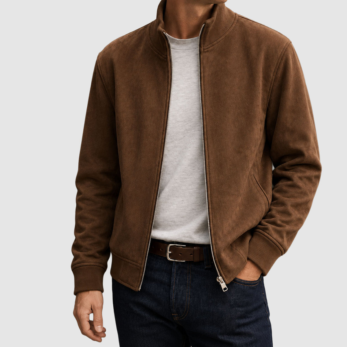 Lincoln - Men's Suede Zip Jacket with Ribbed Collar