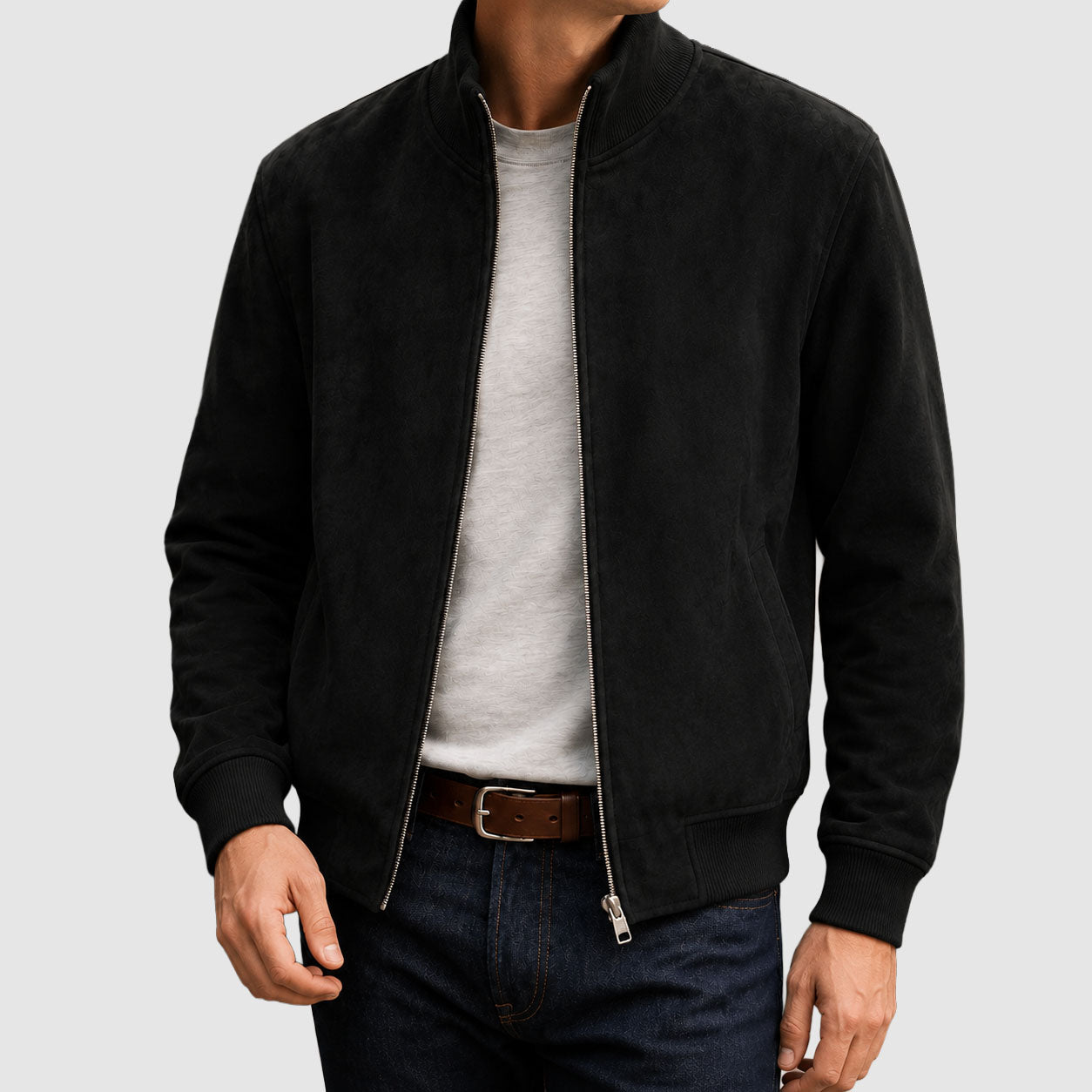 Lincoln - Men's Suede Zip Jacket with Ribbed Collar
