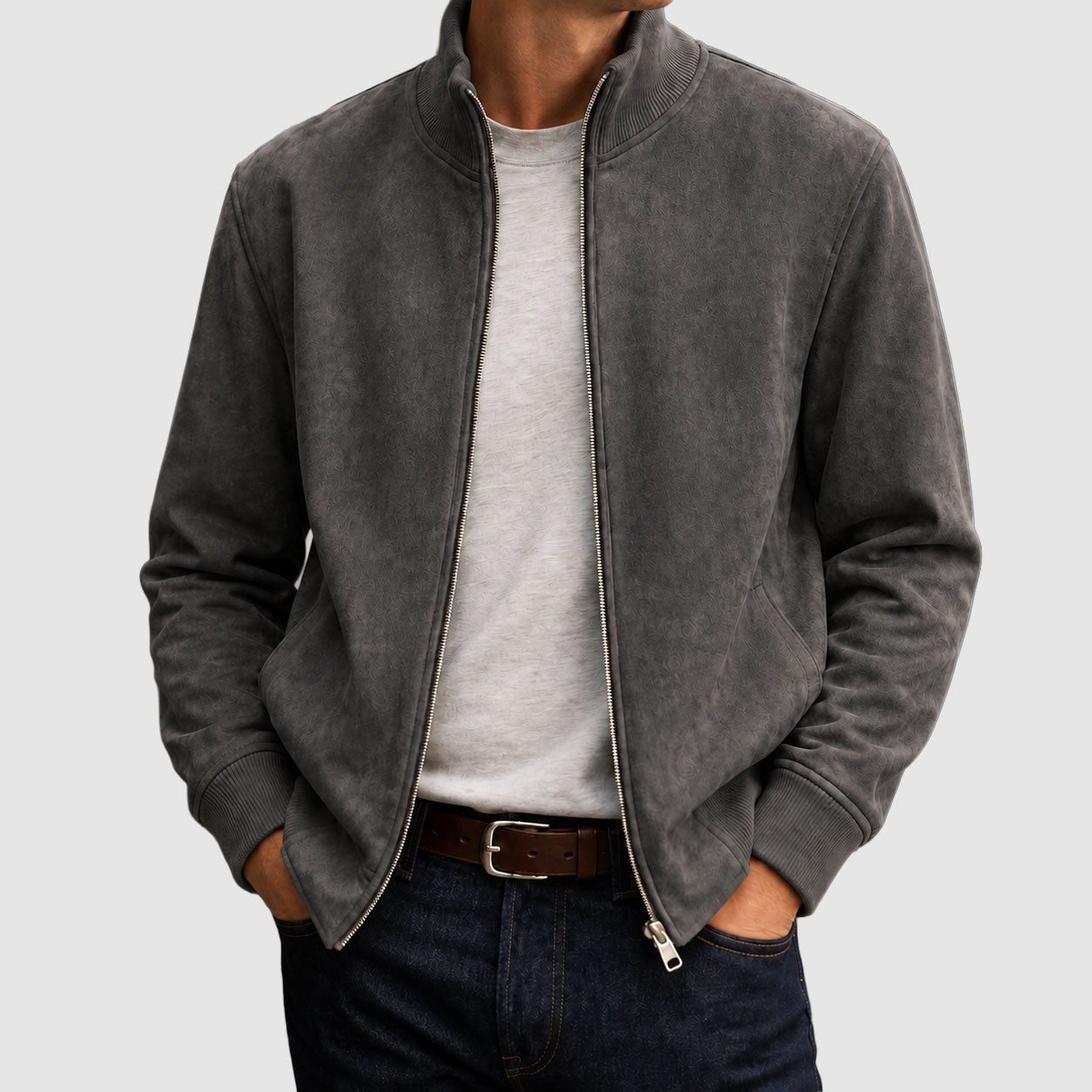 Lincoln - Men's Suede Zip Jacket with Ribbed Collar