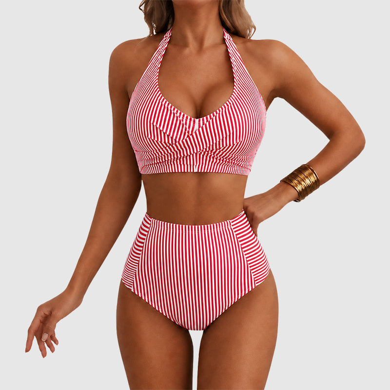 Lisa - Women's Striped Halter High-Waist Bikini Set