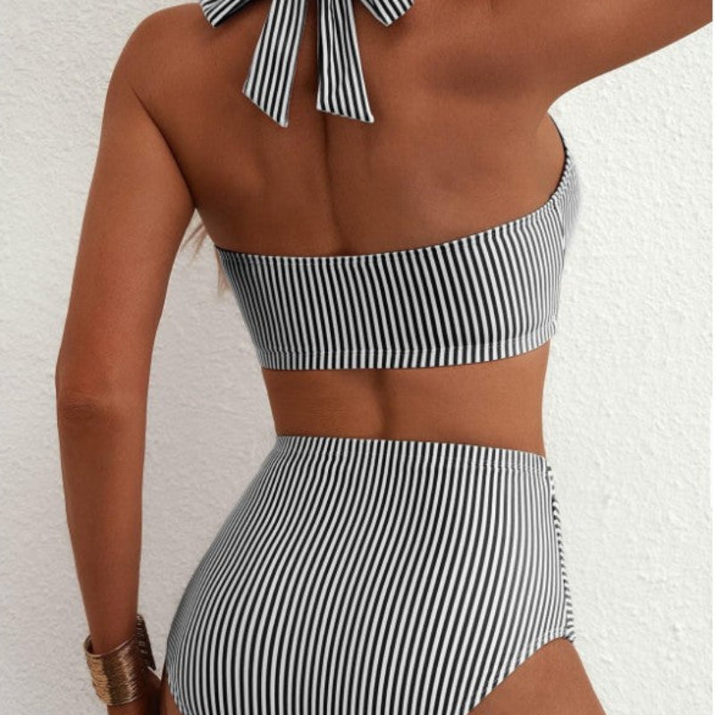 Lisa - Women's Striped Halter High-Waist Bikini Set