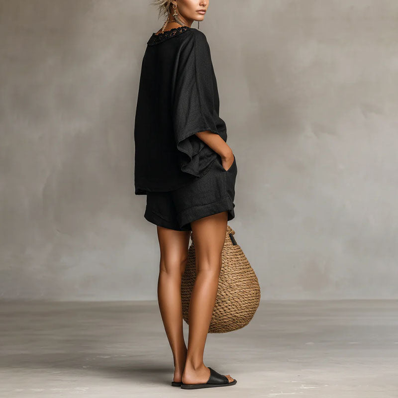Lorelei - Women's Lace Trim Oversized Top & Shorts Set