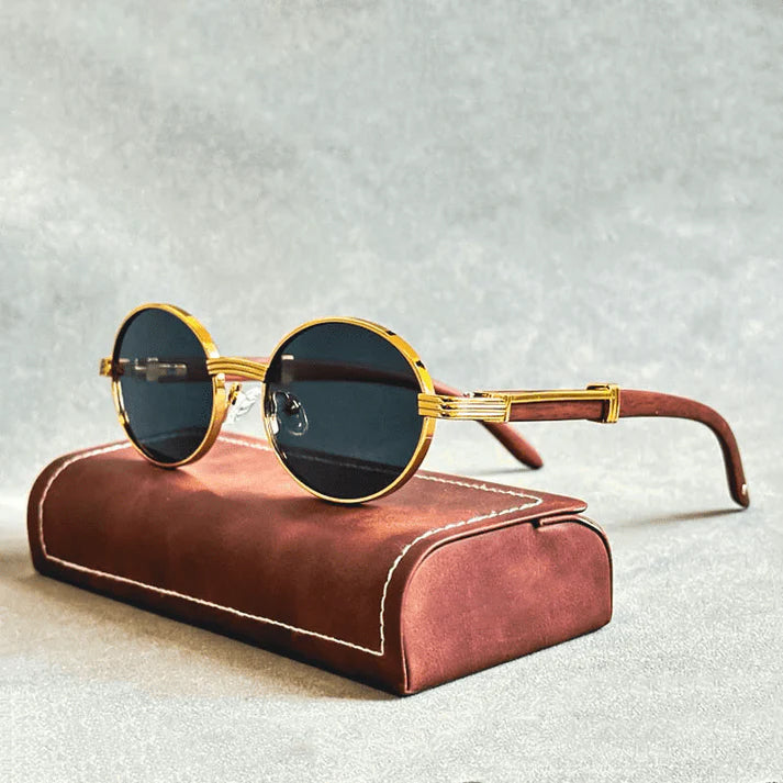Lumière - Vintage Round Wood-Texture Sunglasses