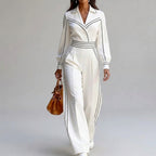 Lyanna - Women's High-Waisted Contrast Trim Wide Leg Jumpsuit