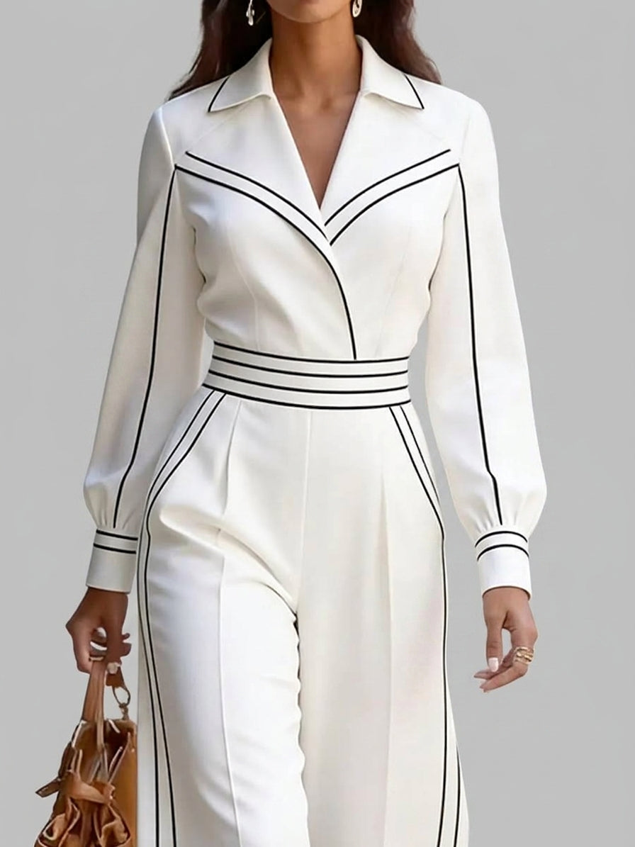 Lyanna - Women's High-Waisted Contrast Trim Wide Leg Jumpsuit