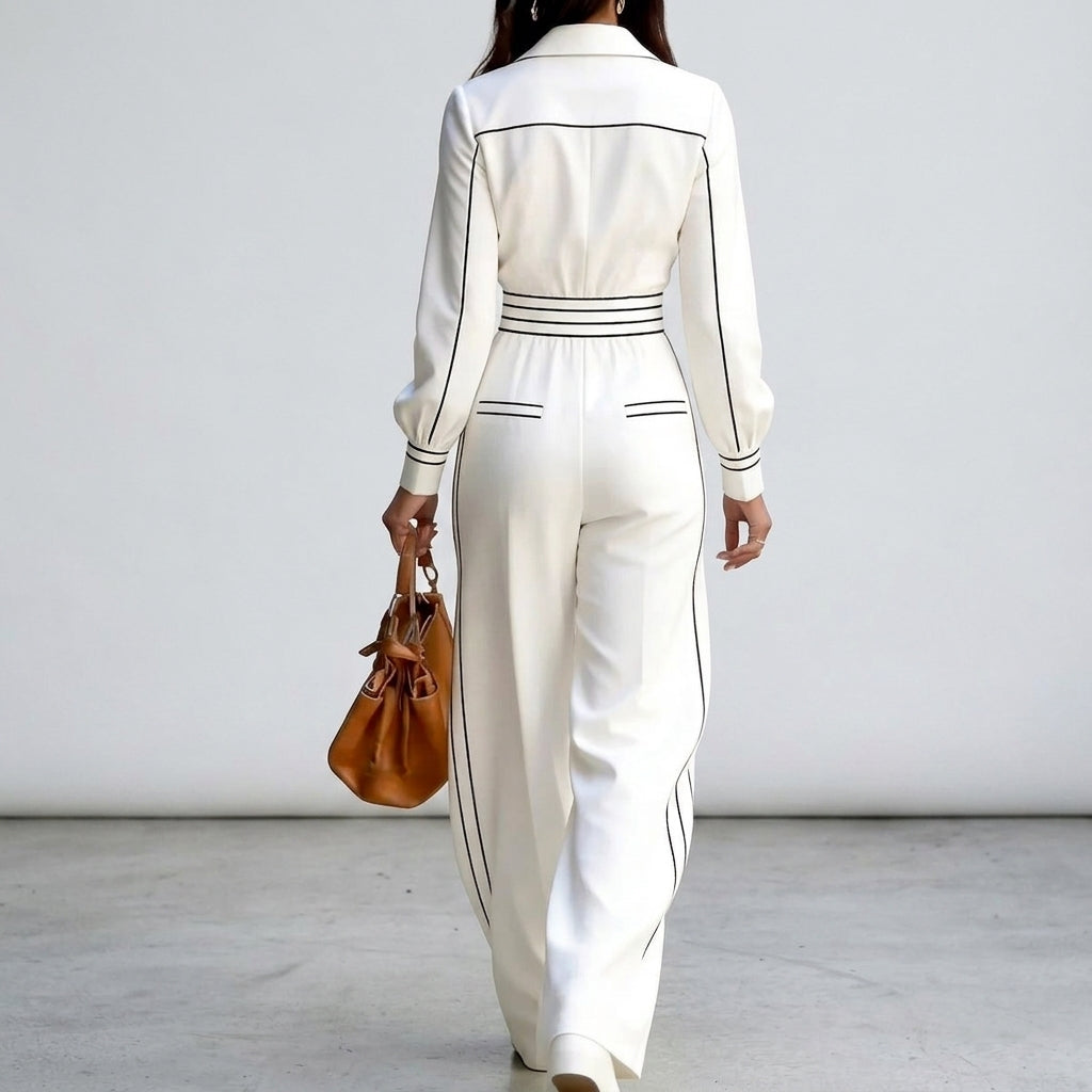 Lyanna - Women's High-Waisted Contrast Trim Wide Leg Jumpsuit