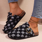 Lydia - Women’s Frayed Checkerboard Clog Sandals