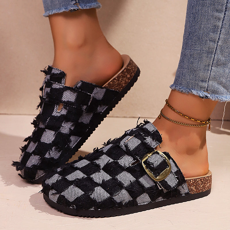 Lydia - Women’s Frayed Checkerboard Clog Sandals
