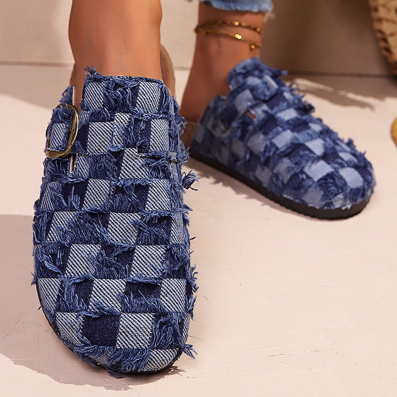 Lydia - Women’s Frayed Checkerboard Clog Sandals