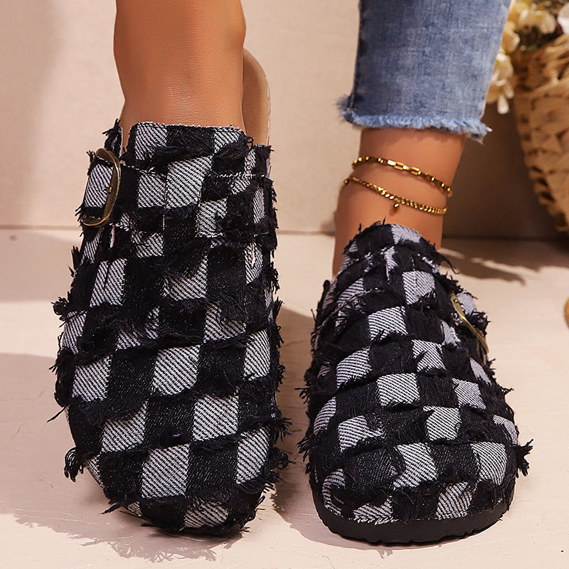 Lydia - Women’s Frayed Checkerboard Clog Sandals