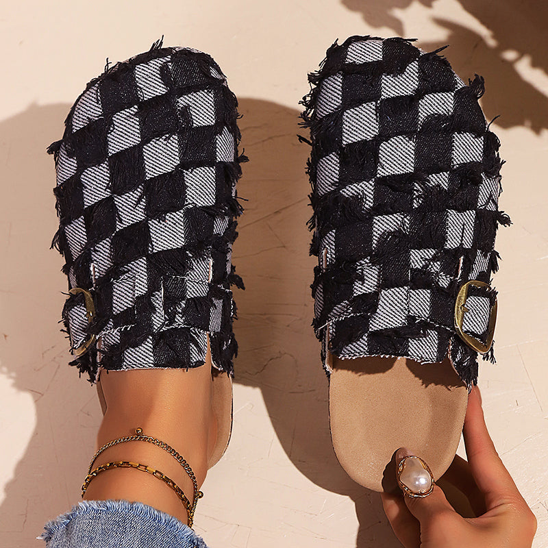 Lydia - Women’s Frayed Checkerboard Clog Sandals