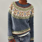 Margot - Women's Patterned Knit Sweater with Contrasting Striped Sleeves