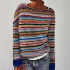 Margot - Women's Patterned Knit Sweater with Contrasting Striped Sleeves