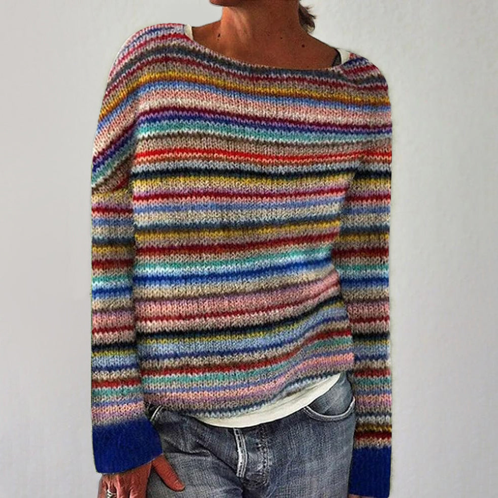 Margot - Women's Patterned Knit Sweater with Contrasting Striped Sleeves
