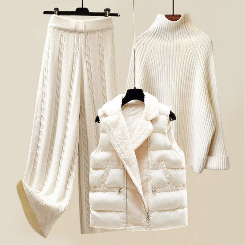Marisol - Women's Cozy Knit 3 Piece Set with Cable Knit Pants & Puffer Vest