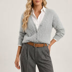 Marleigh - Women's Fuzzy V-Neck Button-Front Cardigan