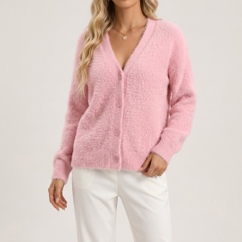 Marleigh - Women's Fuzzy V-Neck Button-Front Cardigan