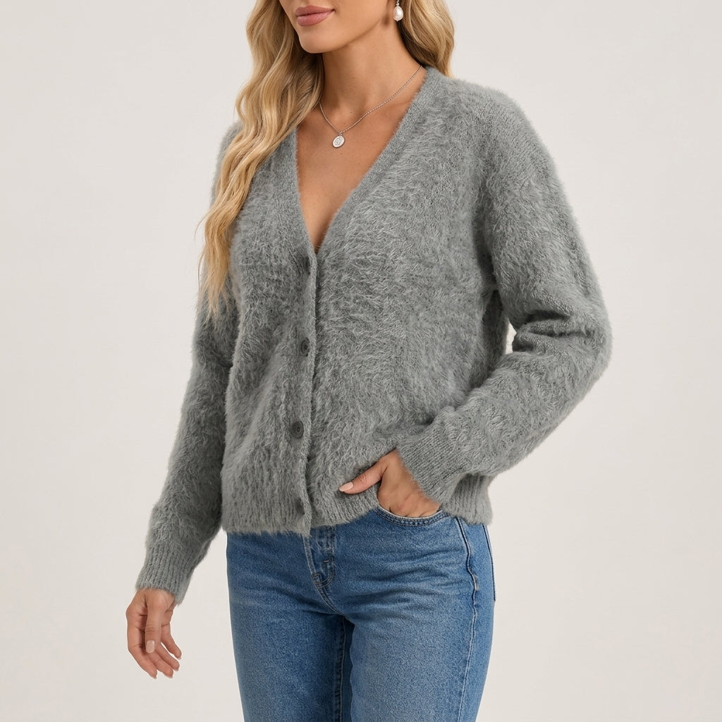 Marleigh - Women's Fuzzy V-Neck Button-Front Cardigan