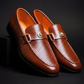 Max - Men's Perforated Strap Loafers with Metal Accent