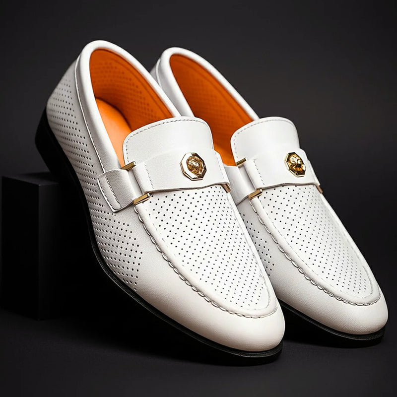 Max - Men's Perforated Strap Loafers with Metal Accent