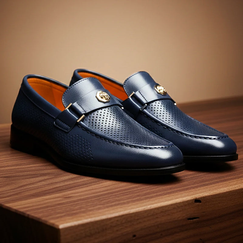 Max - Men's Perforated Strap Loafers with Metal Accent