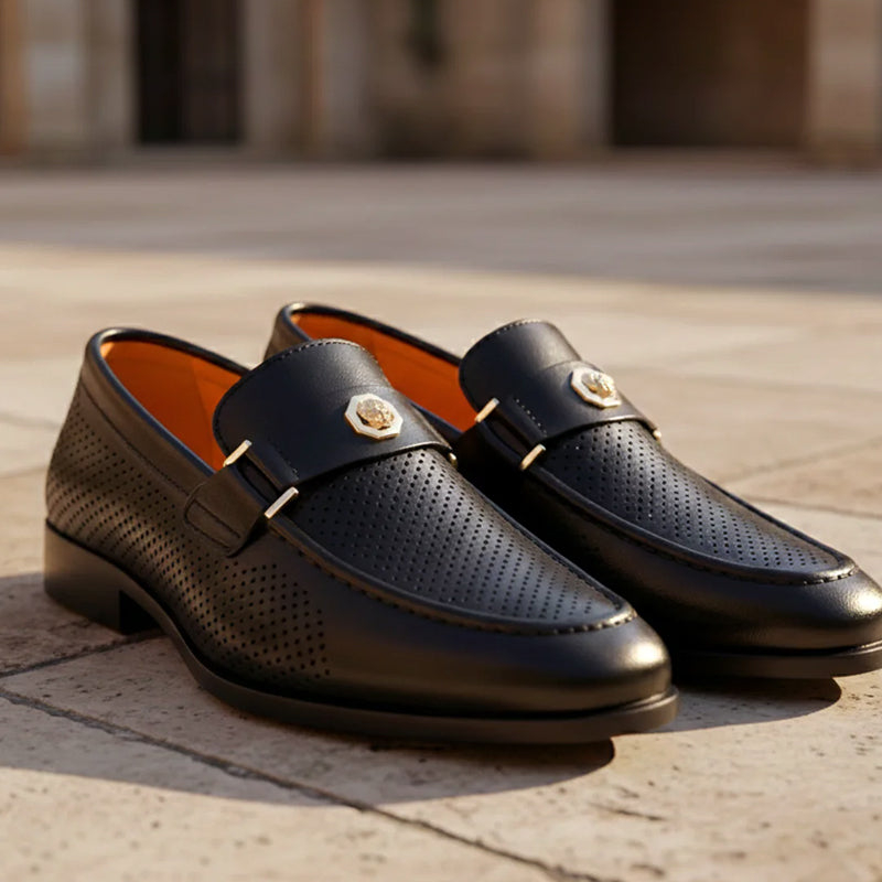 Max - Men's Perforated Strap Loafers with Metal Accent
