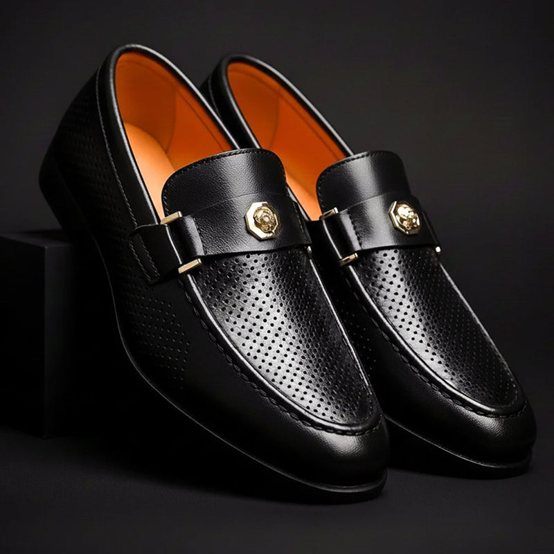 Max - Men's Perforated Strap Loafers with Metal Accent