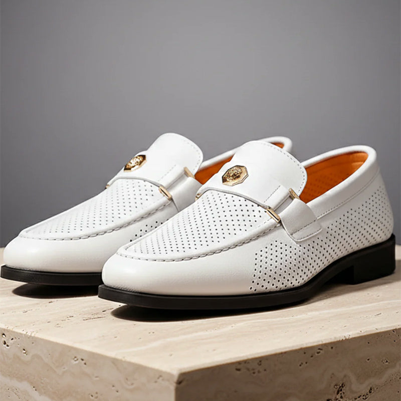 Max - Men's Perforated Strap Loafers with Metal Accent