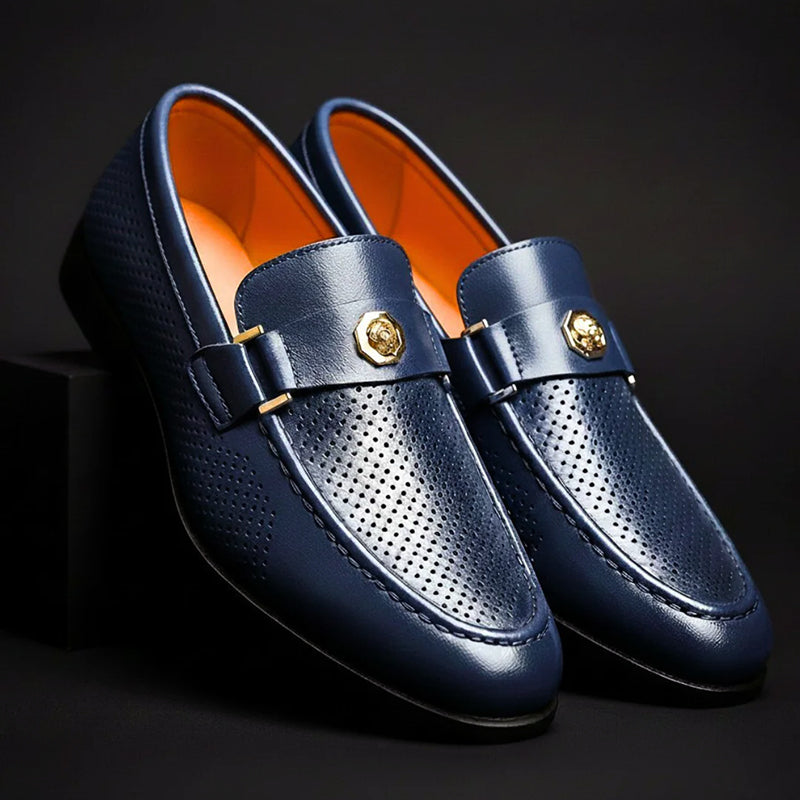 Max - Men's Perforated Strap Loafers with Metal Accent