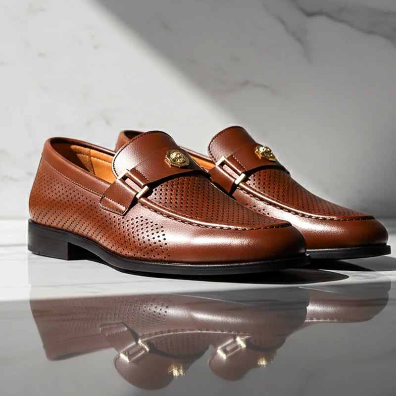 Max - Men's Perforated Strap Loafers with Metal Accent