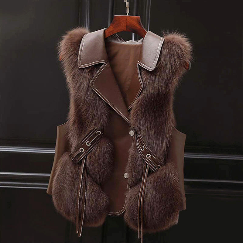 Megan - Women's Faux-Fur Vest with Contrast Lapel Collar