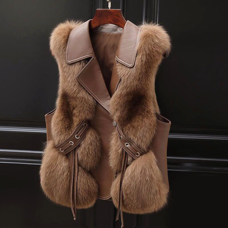 Megan - Women's Faux-Fur Vest with Contrast Lapel Collar