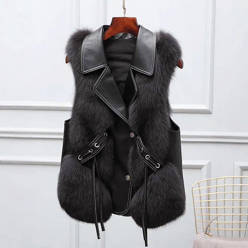 Megan - Women's Faux-Fur Vest with Contrast Lapel Collar