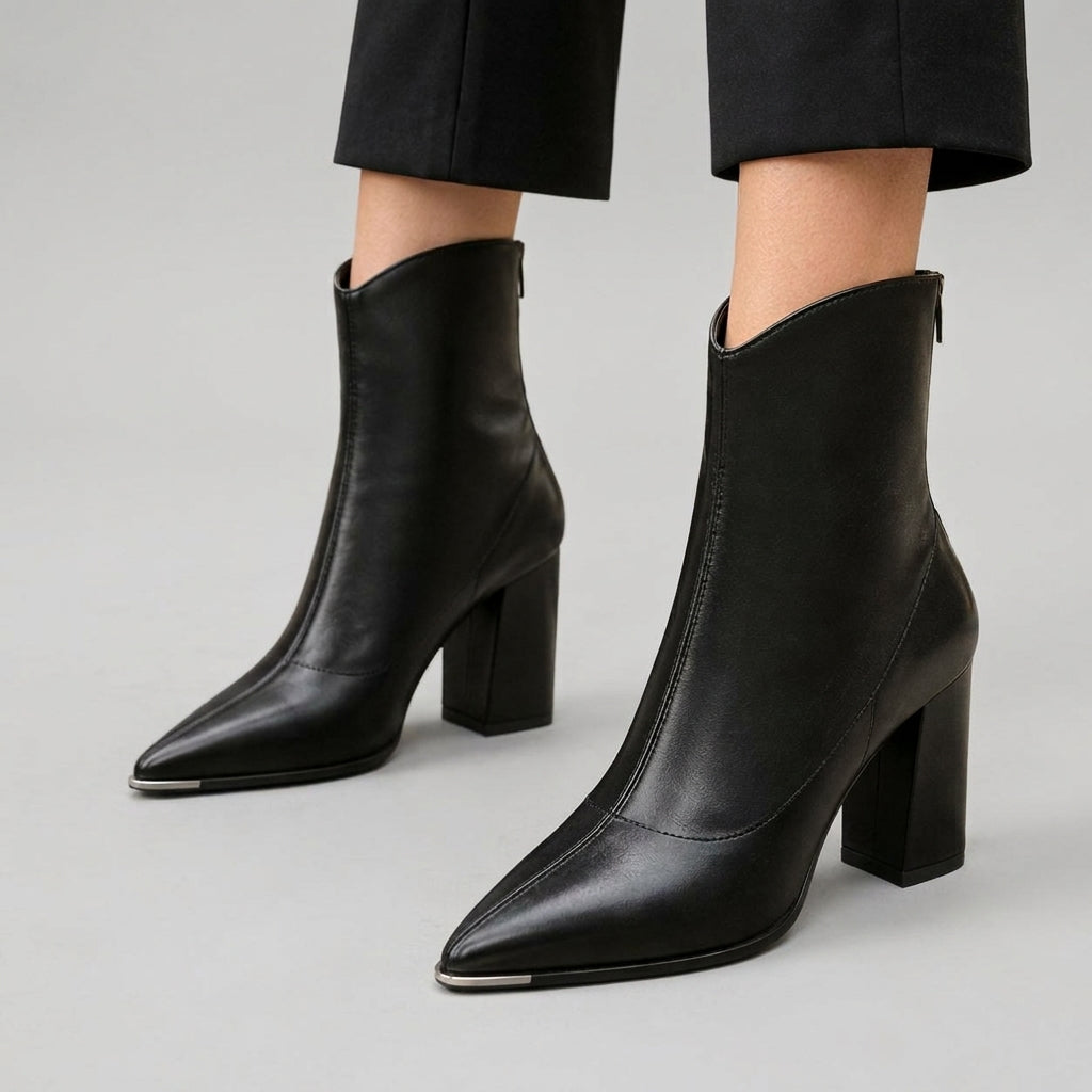 Alondra - Women's Pointed-Toe Block Heel Ankle Boots with Rear Zip 1