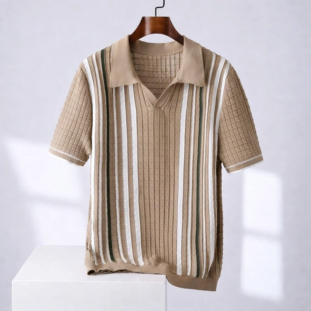 Michael - Men's Retro Ribbed Vertical-Stripe Short-Sleeve Polo