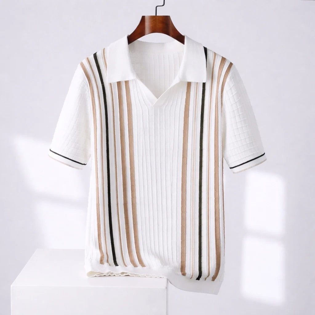 Michael - Men's Retro Ribbed Vertical-Stripe Short-Sleeve Polo