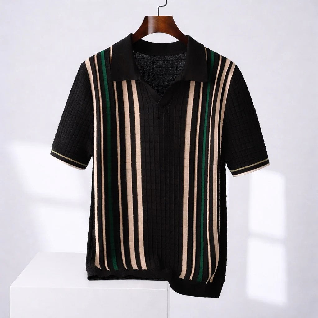 Michael - Men's Retro Ribbed Vertical-Stripe Short-Sleeve Polo
