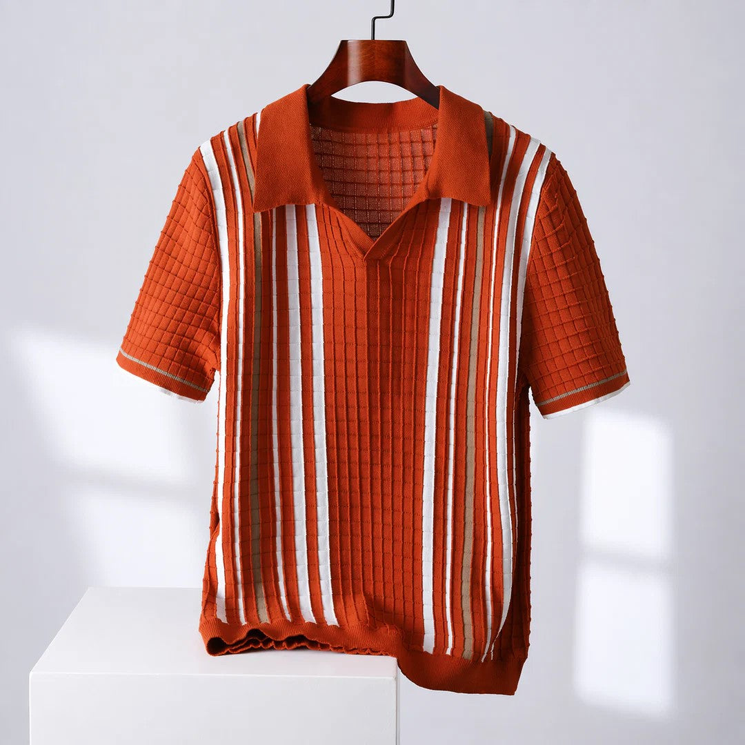 Michael - Men's Retro Ribbed Vertical-Stripe Short-Sleeve Polo