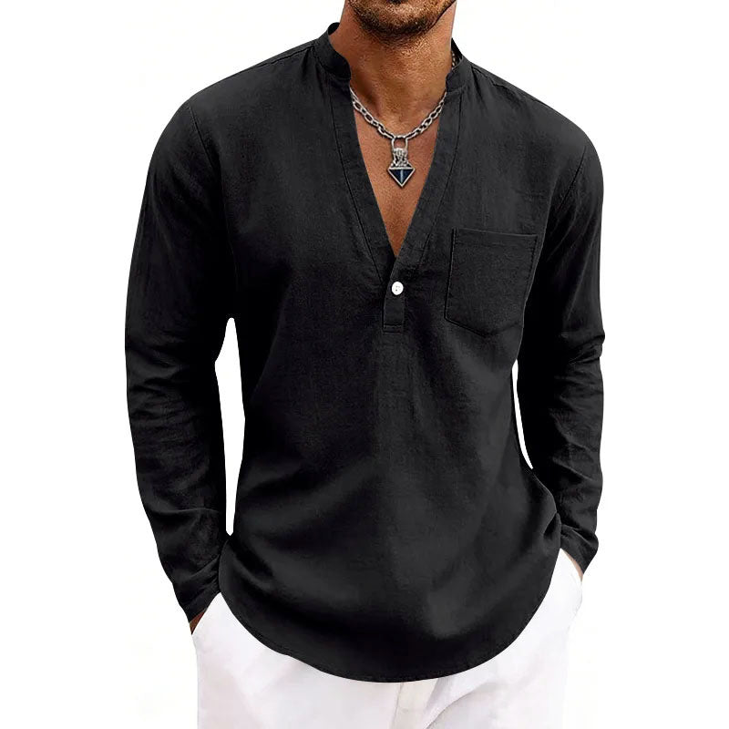 Miguel - Men's V-Neck Mandarin Collar Pullover Shirt