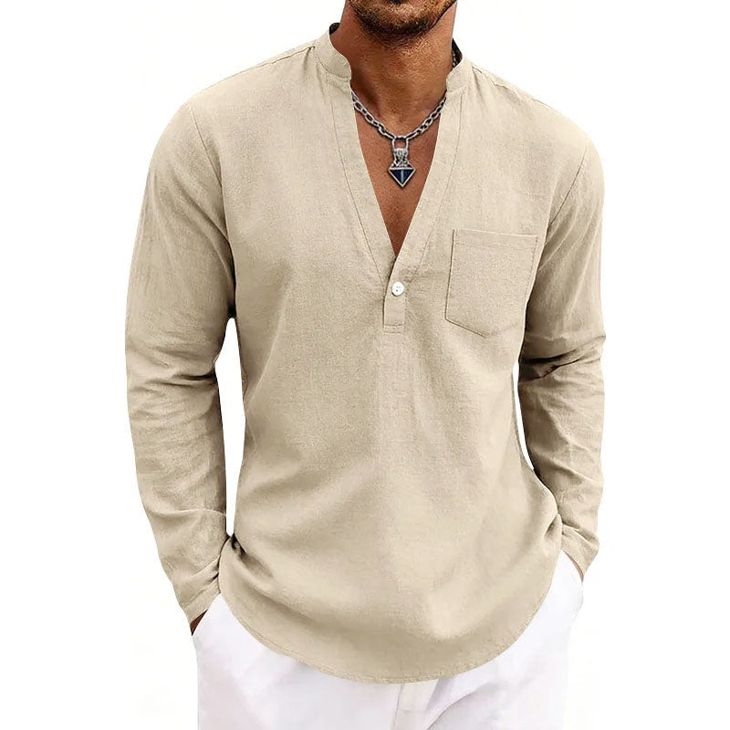 Miguel - Men's V-Neck Mandarin Collar Pullover Shirt