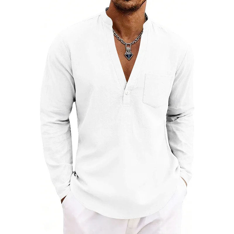 Miguel - Men's V-Neck Mandarin Collar Pullover Shirt
