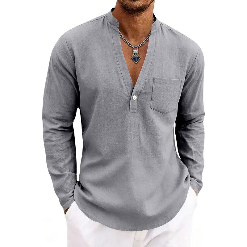 Miguel - Men's V-Neck Mandarin Collar Pullover Shirt