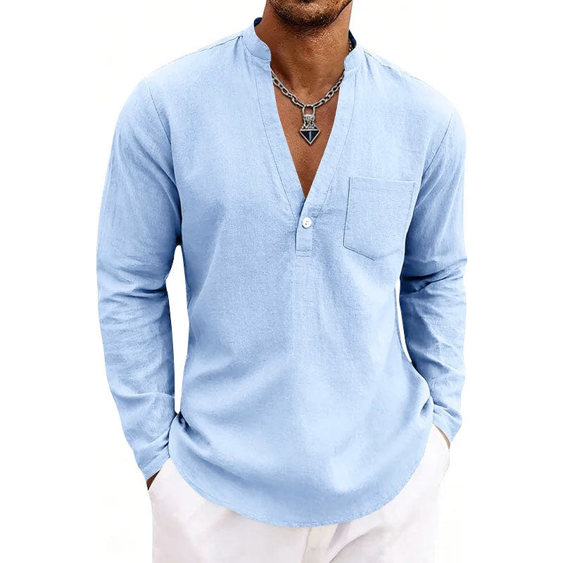 Miguel - Men's V-Neck Mandarin Collar Pullover Shirt