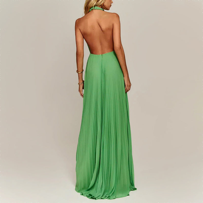 Miley - Women's Halter Neck Pleated Backless Maxi Dress
