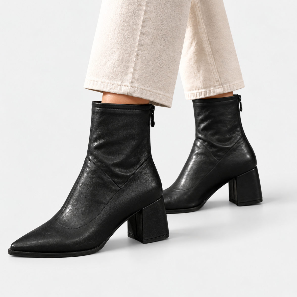 Molly - Women's Pointed-Toe Block Heel Ankle Boots with Back Zip