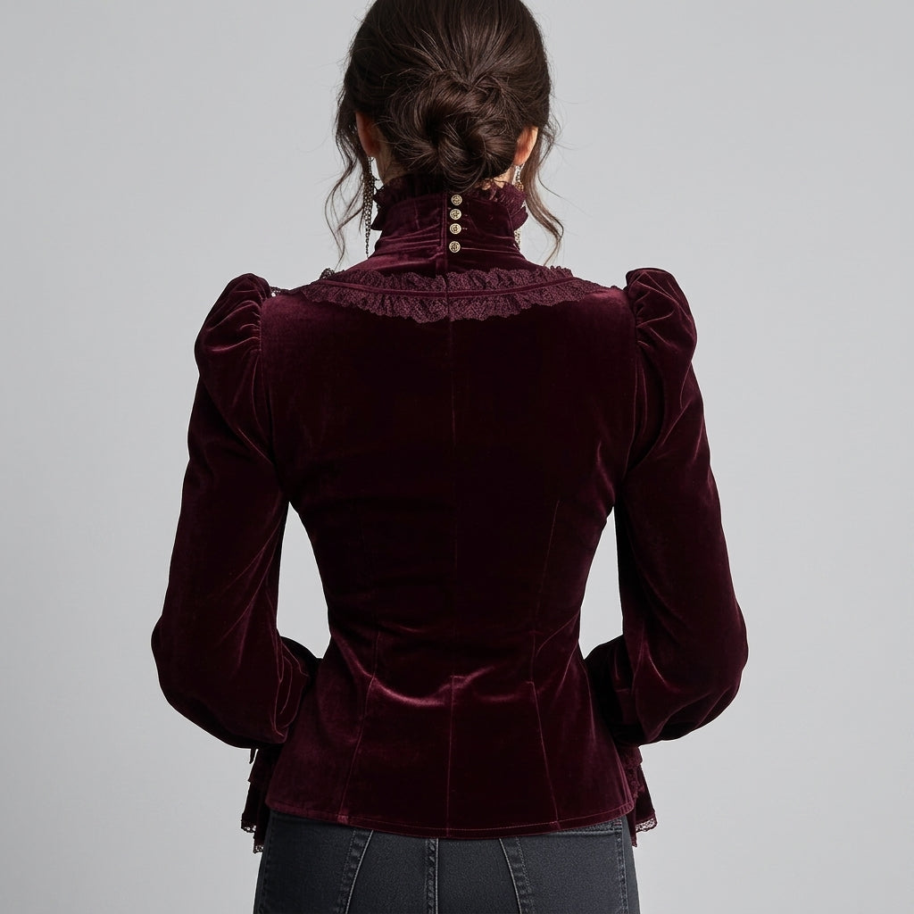 Nina - Women's Victorian Velvet High-Neck Long Sleeve Ruffle Blouse