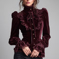 Nina - Women's Victorian Velvet High-Neck Long Sleeve Ruffle Blouse