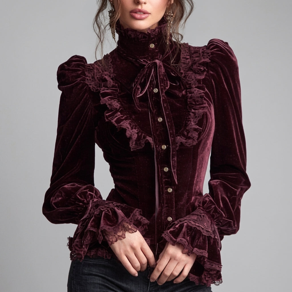 Nina - Women's Victorian Velvet High-Neck Long Sleeve Ruffle Blouse